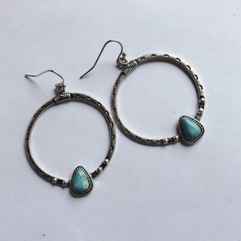 Bohemian Vintage Long Drop Turquoise Stone Earrings in Silver Alloy