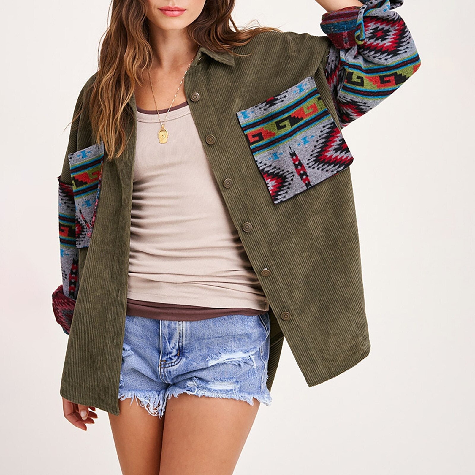 Eillysevens Women's Retro Geometric Corduroy Jacket - Lightweight and Stylish