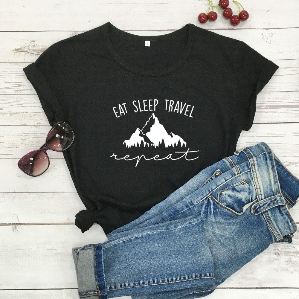 Women's Geometric Mountains Graphic Art EAT SLEEP TRAVEL Repeat T-Shirt - Casual Comfort with Stylish Design