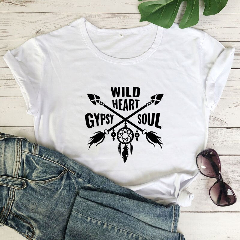 Women's Boho WILD HEART GYPSY SOUL Arrow Dreamcatcher Graphic Print T-Shirt - High-Quality Fabric Blend - Boho Aesthetic