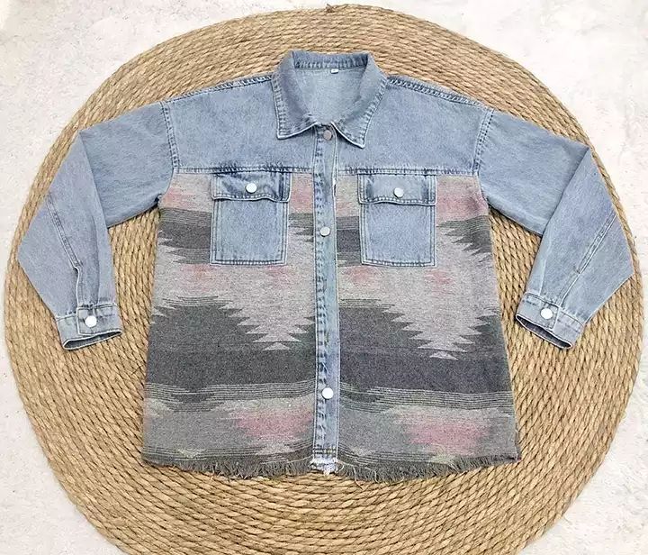 Women's Retro Denim Jacket New Long Sleeved Jean Top Lapel Shacket Female Vintage denim trench coat Aztec Jackets - Ivy & Arrow Supply Co.