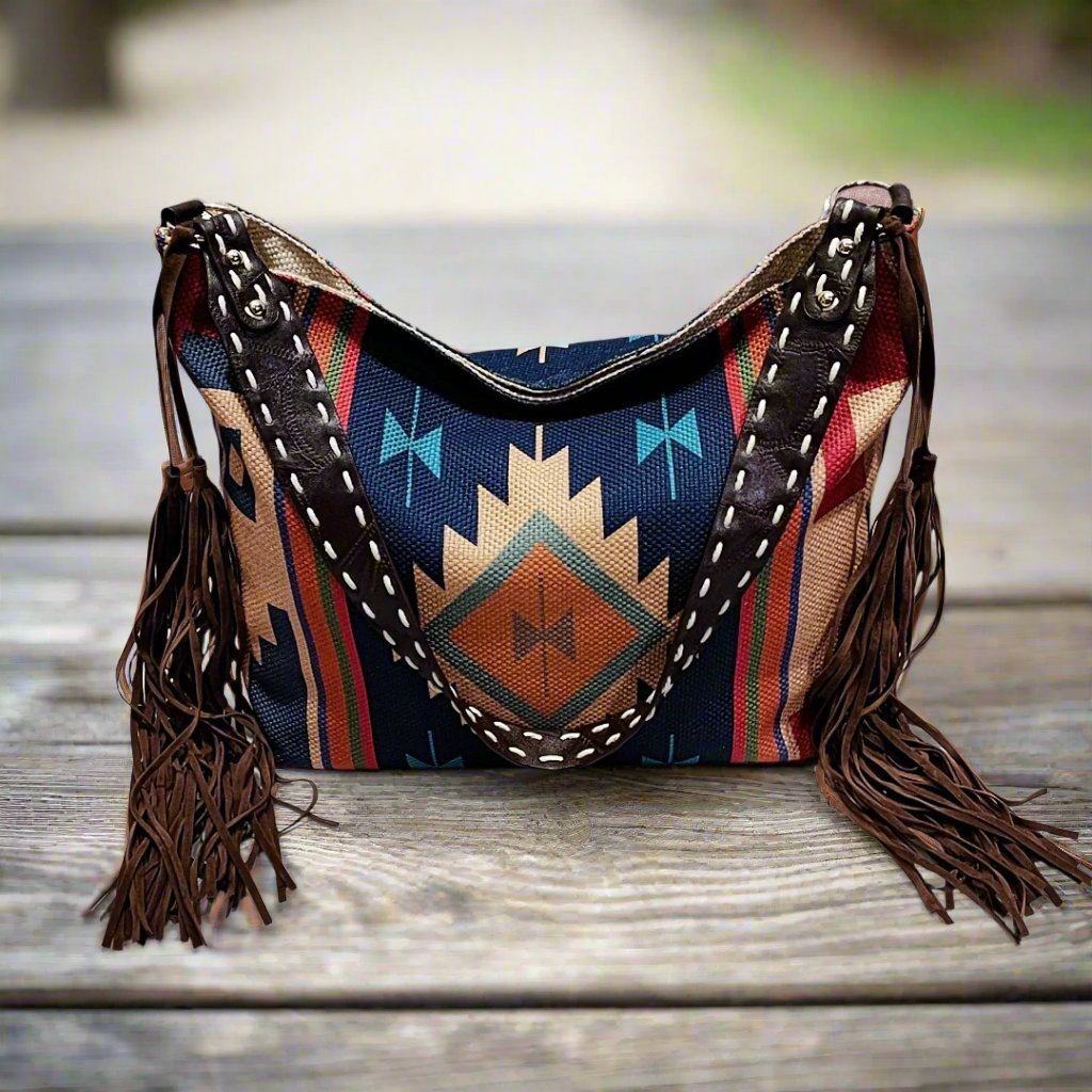 Geometric Pattern Canvas Crossbody Shoulder Bag with Tassels - Women's Bohemian Style Handbag with Pockets