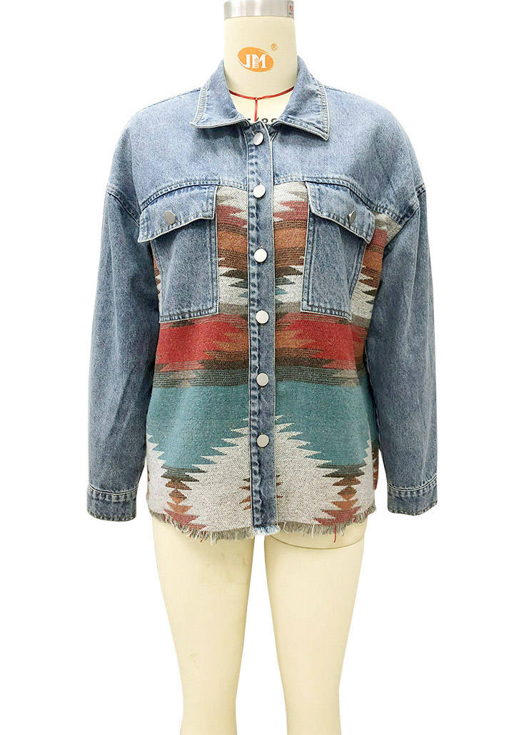 Women's Retro Denim Jacket New Long Sleeved Jean Top Lapel Shacket Female Vintage denim trench coat Aztec Jackets - Ivy & Arrow Supply Co.