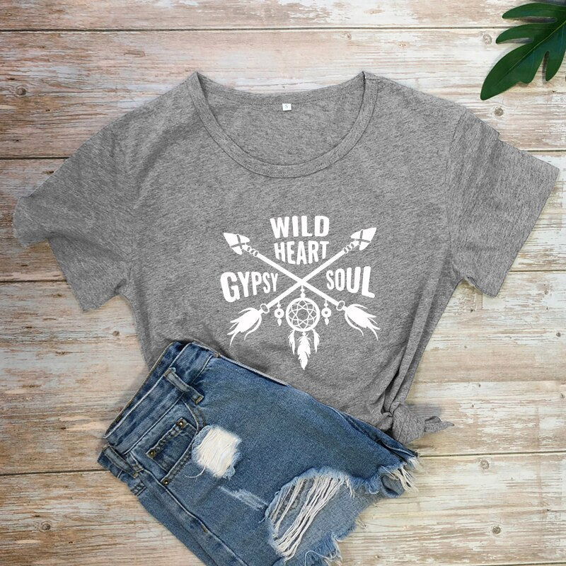 Women's Boho WILD HEART GYPSY SOUL Arrow Dreamcatcher Graphic Print T-Shirt - High-Quality Fabric Blend - Boho Aesthetic