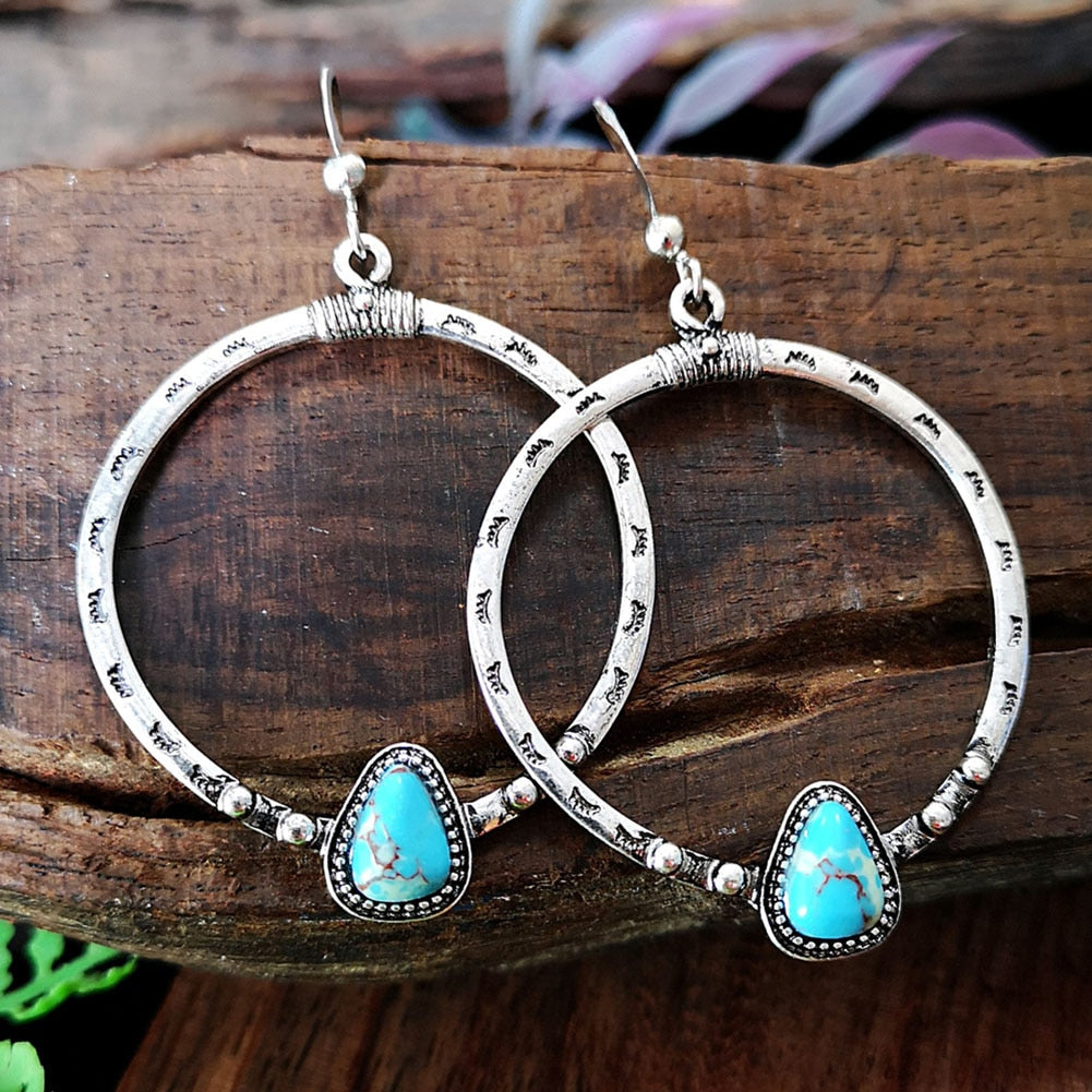 Bohemian Vintage Long Drop Turquoise Stone Earrings in Silver Alloy