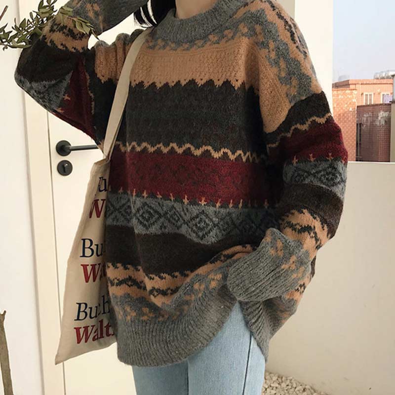 Women's Cozy Vintage Striped Knit Wool Sweater - Loose Fit Pullover for Stylish Warmth