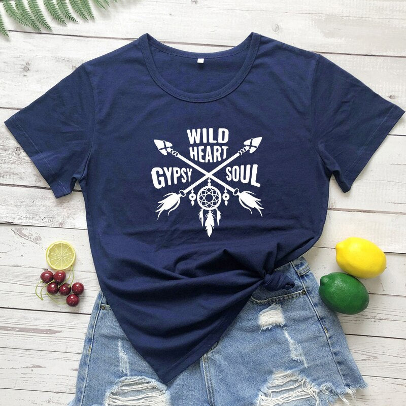 Women's Boho WILD HEART GYPSY SOUL Arrow Dreamcatcher Graphic Print T-Shirt - High-Quality Fabric Blend - Boho Aesthetic