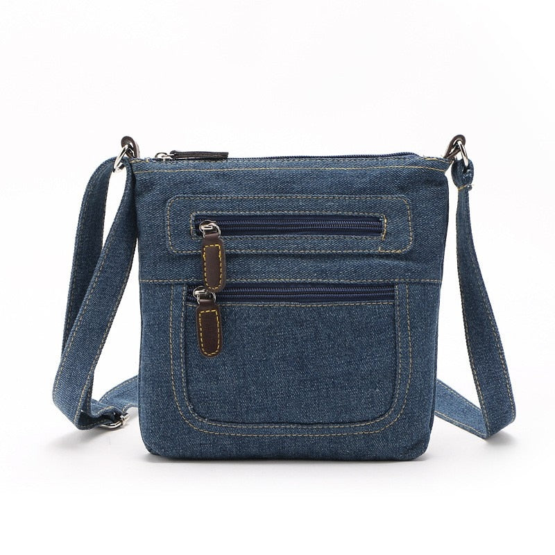 Denim Canvas Crossbody Bag with Embroidered Design - Stylish Shoulder Bag for Women