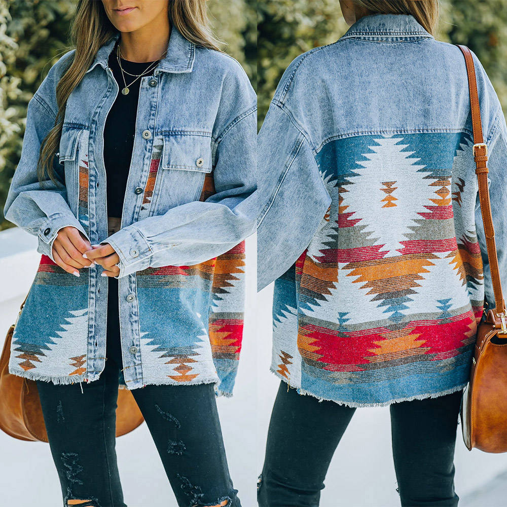 Women's Retro Denim Jacket New Long Sleeved Jean Top Lapel Shacket Female Vintage denim trench coat Aztec Jackets - Ivy & Arrow Supply Co.