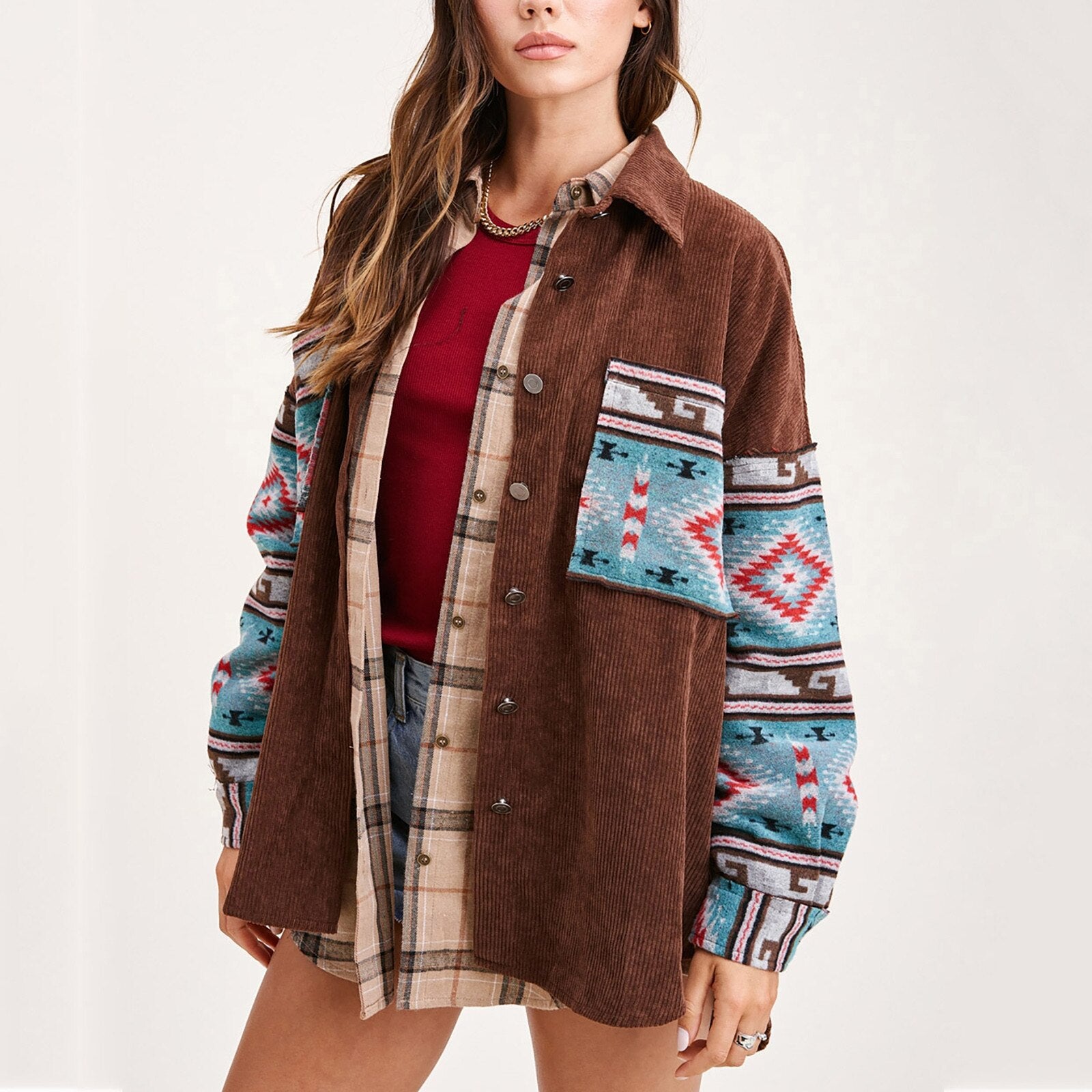 Eillysevens Women's Retro Geometric Corduroy Jacket - Lightweight and Stylish