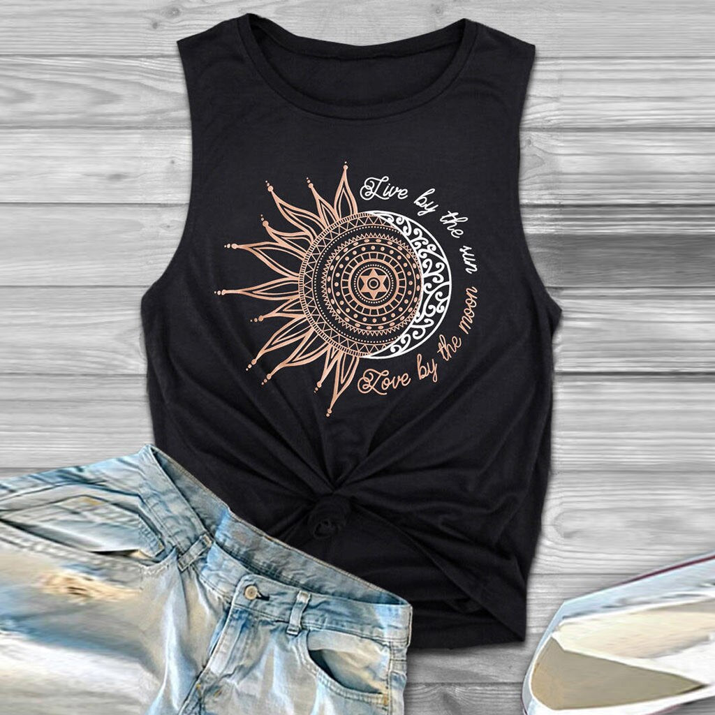 Women's Sun and Moon Graphic Print Tank Top - Summer Sleeveless Tee