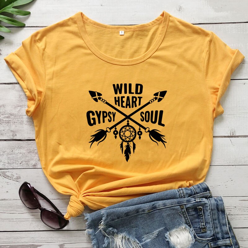 Women's Boho WILD HEART GYPSY SOUL Arrow Dreamcatcher Graphic Print T-Shirt - High-Quality Fabric Blend - Boho Aesthetic