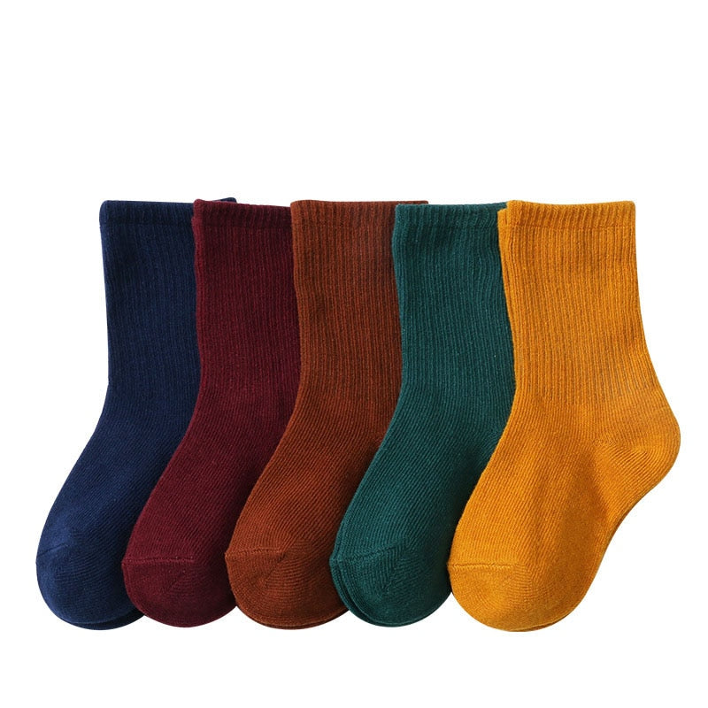 Kids Striped Solid Pattern Cotton Socks 5 Pairs Sizes S-XL for Toddlers and Young Children All-Season Comfort