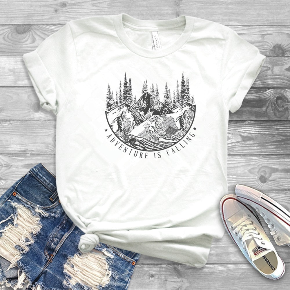 Women's Adventure Themed Mountain Graphic Print T-Shirt - Lightweight and Breathable Cotton