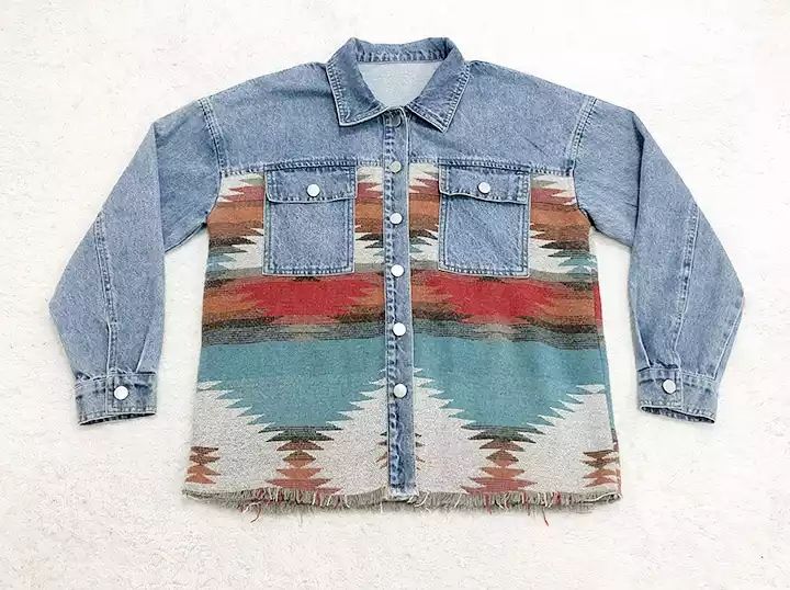 Women's Retro Denim Jacket New Long Sleeved Jean Top Lapel Shacket Female Vintage denim trench coat Aztec Jackets - Ivy & Arrow Supply Co.