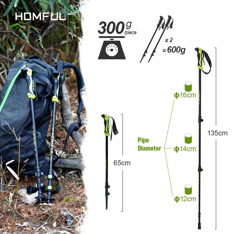 HOMFUL Lightweight Adjustable Hiking Poles - 7075 Aluminum - Shock Absorption - Tungsten Tip - Detachable Design - Straight Grip - EVA Dampening System