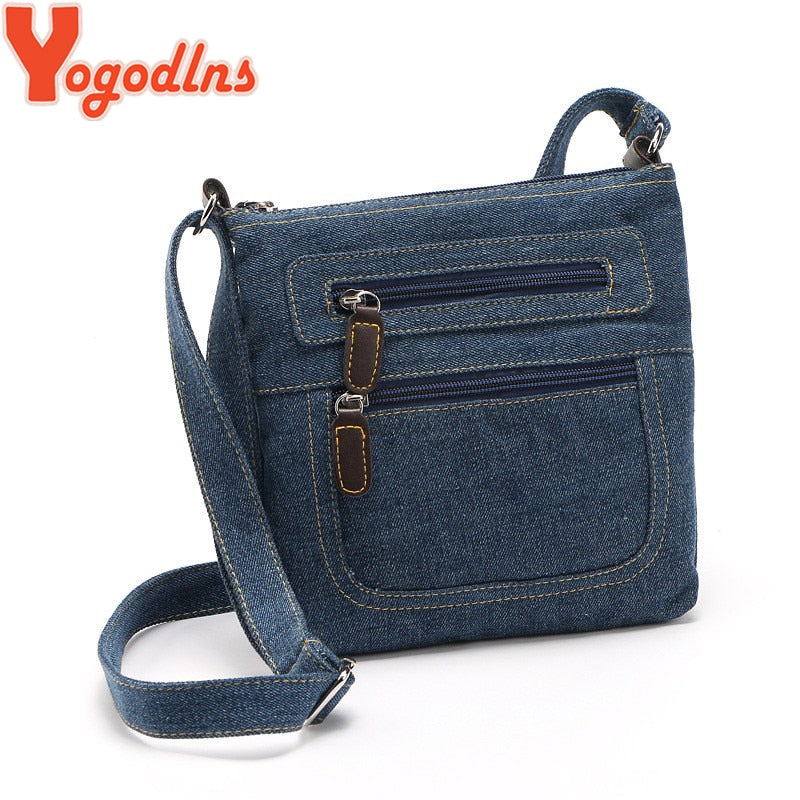 Denim Canvas Crossbody Bag with Embroidered Design - Stylish Shoulder Bag for Women