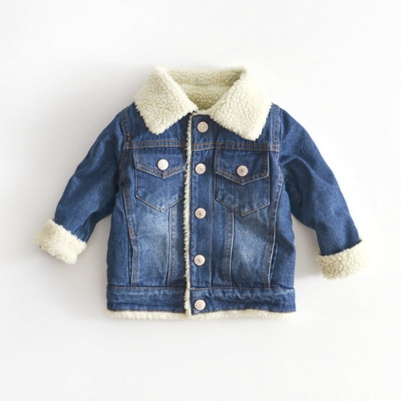 Kids Thick Cashmere Denim Jacket Turn-Down Collar Pockets 2-6Y Unisex