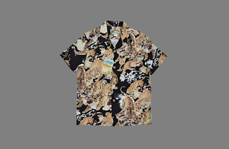 Men's Tiger Hawaiian Tropical Short Sleeve Shirt - Rayon Cotton Spandex Blend - Byakko Tiger Design