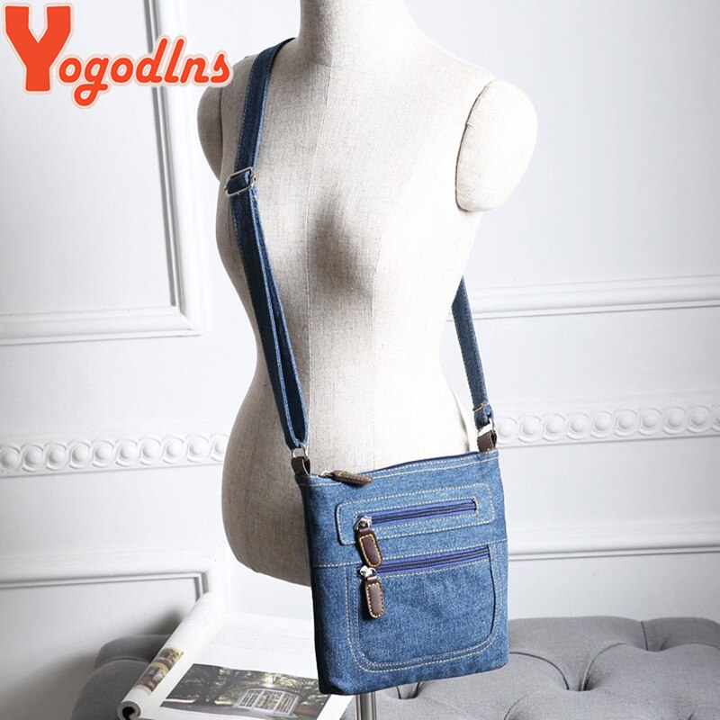 Denim Canvas Crossbody Bag with Embroidered Design - Stylish Shoulder Bag for Women