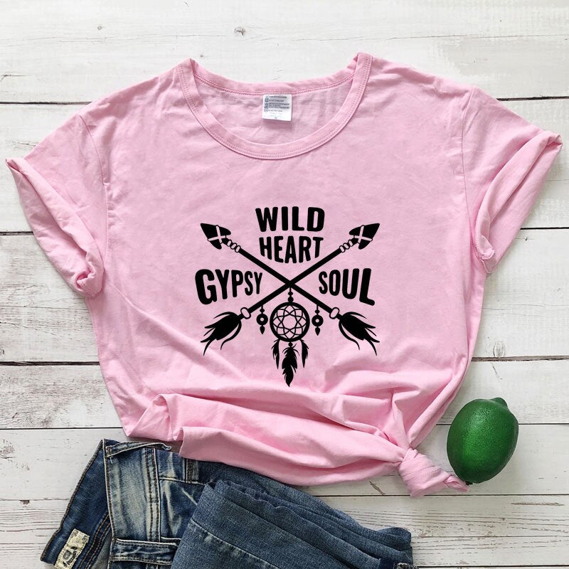 Women's Boho WILD HEART GYPSY SOUL Arrow Dreamcatcher Graphic Print T-Shirt - High-Quality Fabric Blend - Boho Aesthetic