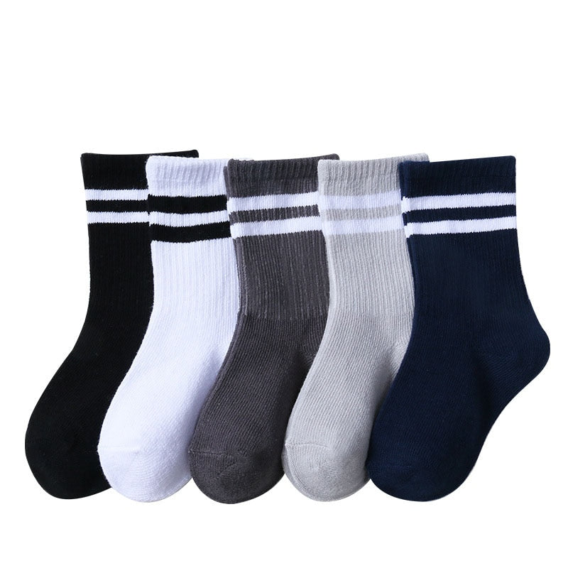 Kids Striped Solid Pattern Cotton Socks 5 Pairs Sizes S-XL for Toddlers and Young Children All-Season Comfort