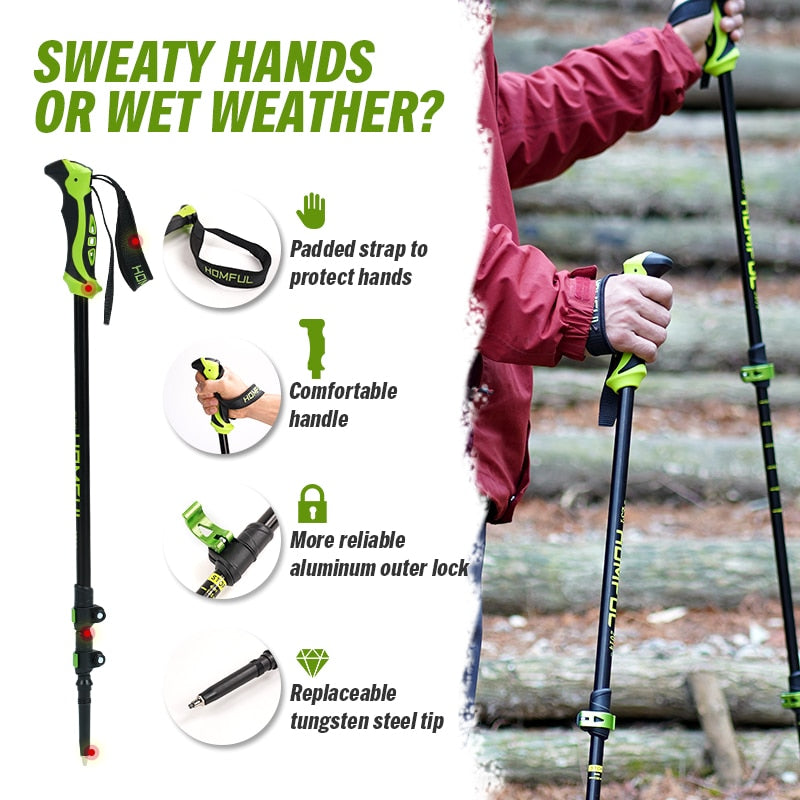 HOMFUL Lightweight Adjustable Hiking Poles - 7075 Aluminum - Shock Absorption - Tungsten Tip - Detachable Design - Straight Grip - EVA Dampening System