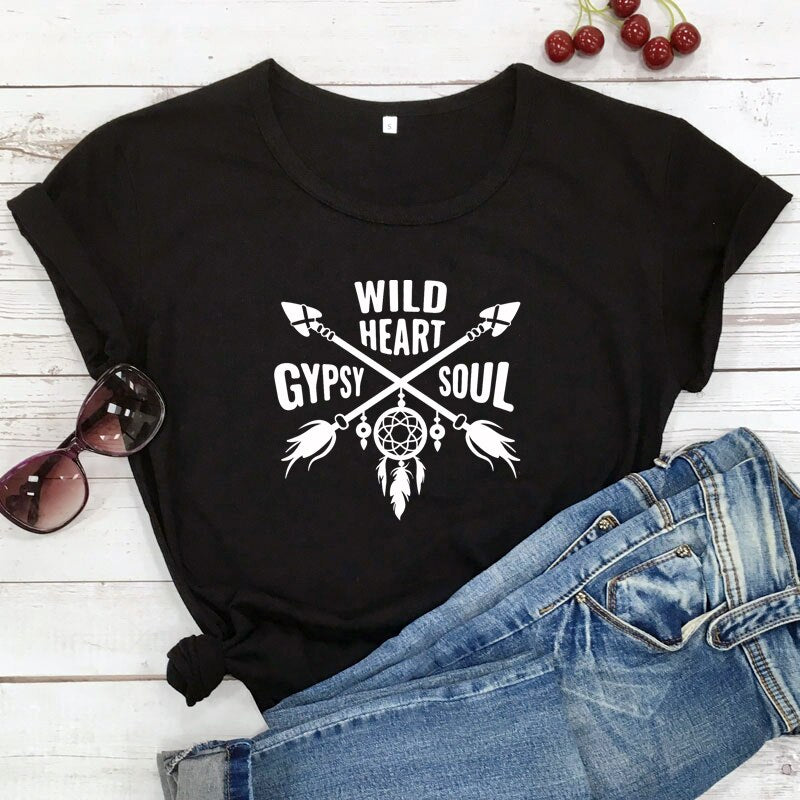 Women's Boho WILD HEART GYPSY SOUL Arrow Dreamcatcher Graphic Print T-Shirt - High-Quality Fabric Blend - Boho Aesthetic