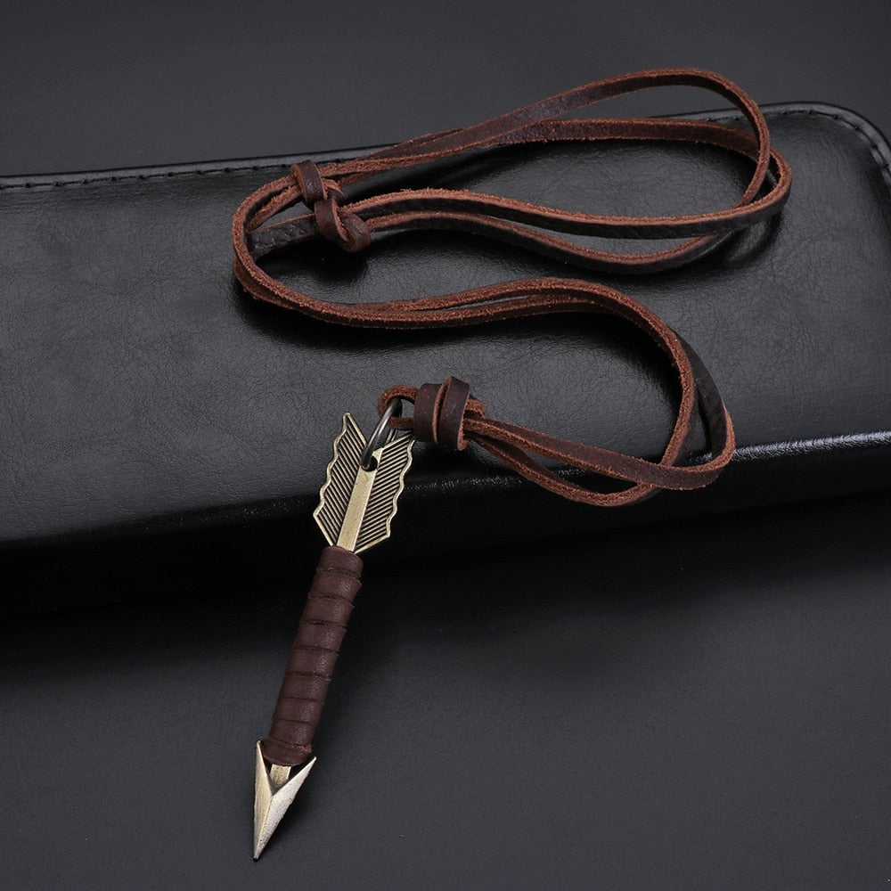 Handmade Vintage Leather Arrow Pendant Necklace - Stylish Unisex Jewelry with Rope Chain