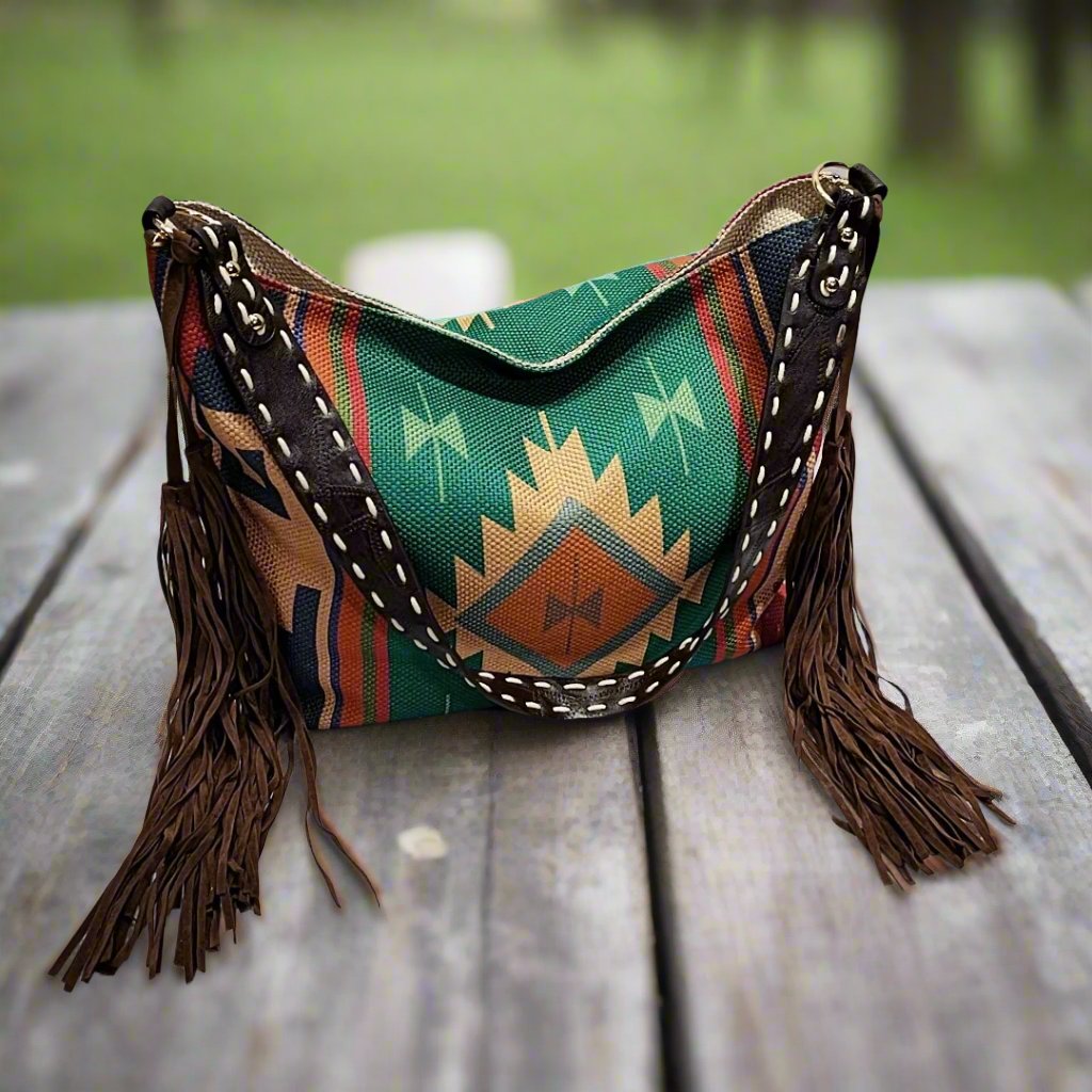 Geometric Pattern Canvas Crossbody Shoulder Bag with Tassels - Women's Bohemian Style Handbag with Pockets