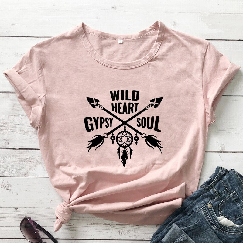 Women's Boho WILD HEART GYPSY SOUL Arrow Dreamcatcher Graphic Print T-Shirt - High-Quality Fabric Blend - Boho Aesthetic