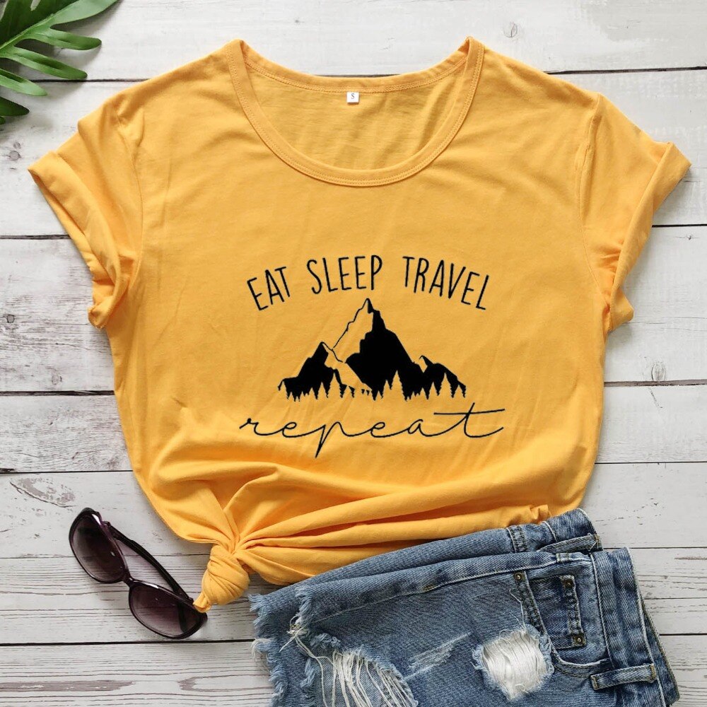 Women's Geometric Mountains Graphic Art EAT SLEEP TRAVEL Repeat T-Shirt - Casual Comfort with Stylish Design