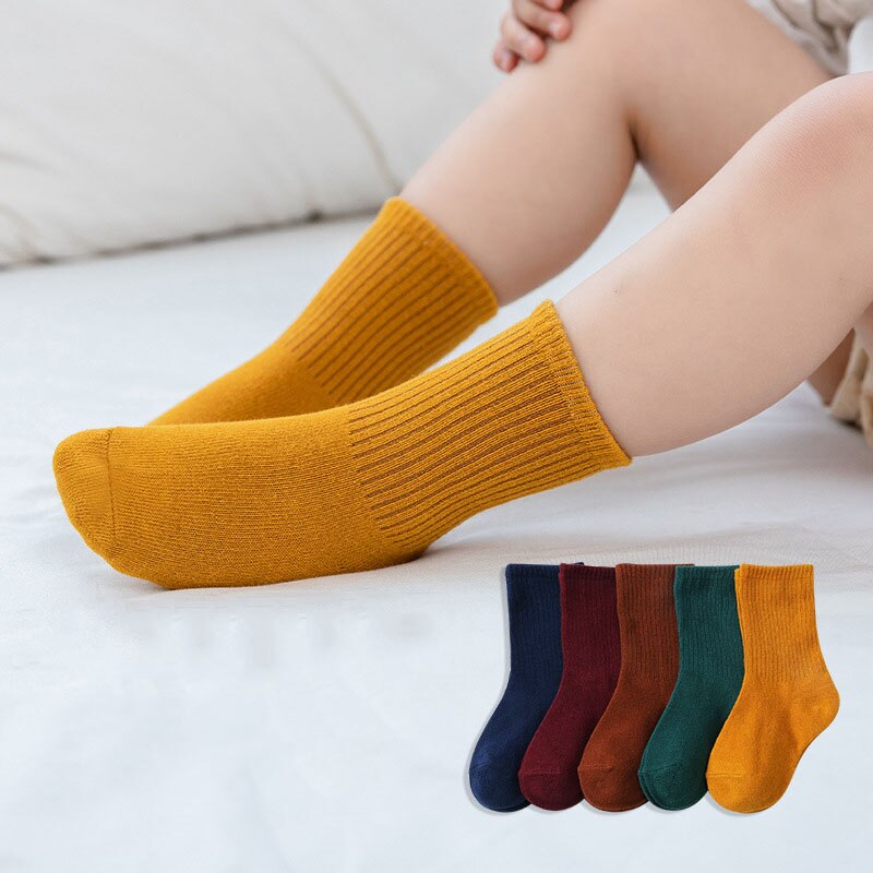 Kids Striped Solid Pattern Cotton Socks 5 Pairs Sizes S-XL for Toddlers and Young Children All-Season Comfort