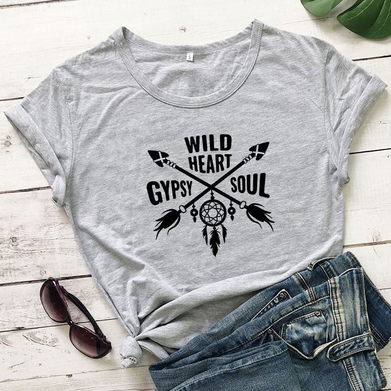 Women's Boho WILD HEART GYPSY SOUL Arrow Dreamcatcher Graphic Print T-Shirt - High-Quality Fabric Blend - Boho Aesthetic