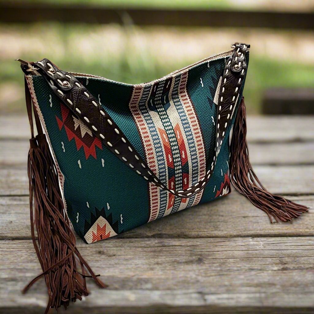 Geometric Pattern Canvas Crossbody Shoulder Bag with Tassels - Women's Bohemian Style Handbag with Pockets