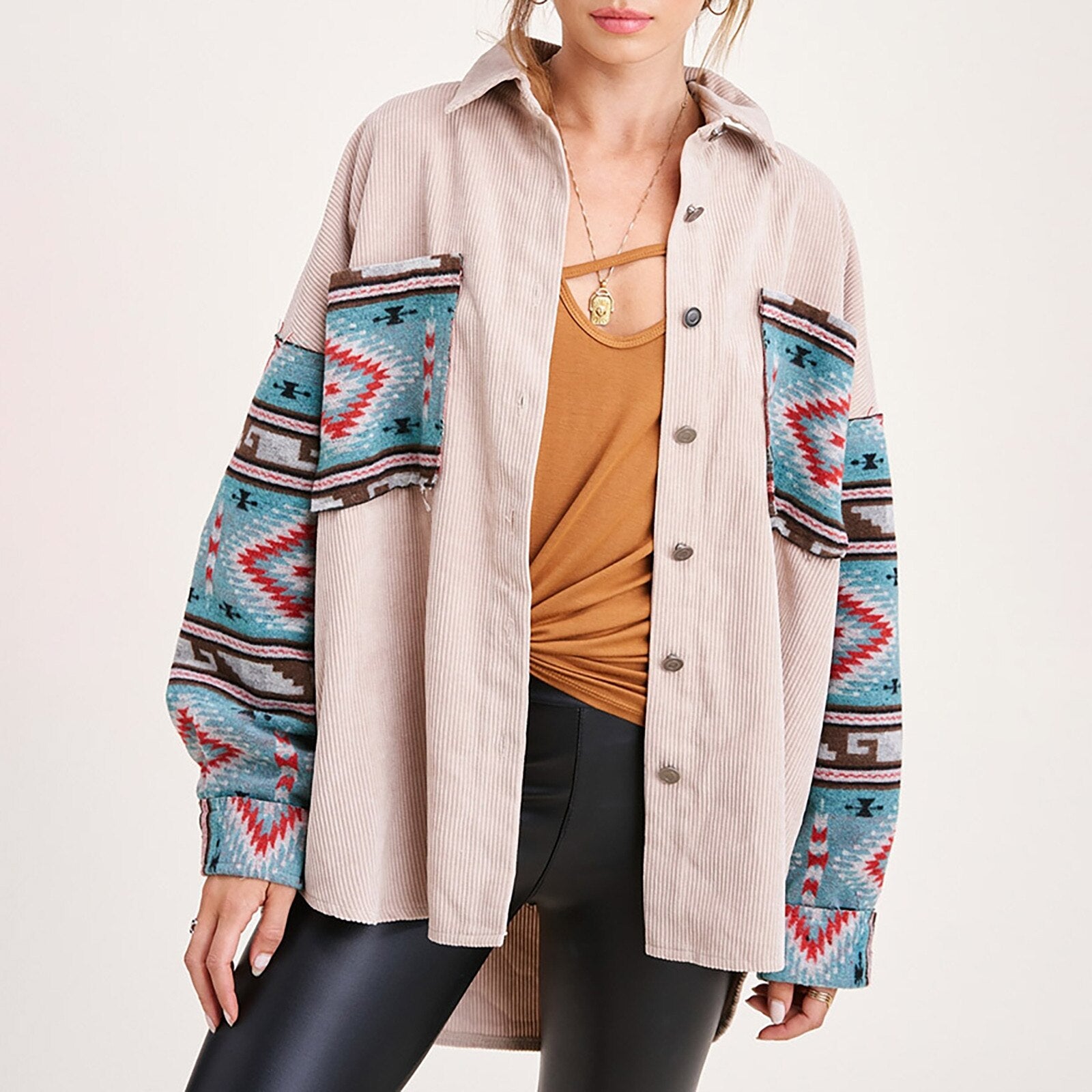 Eillysevens Women's Retro Geometric Corduroy Jacket - Lightweight and Stylish