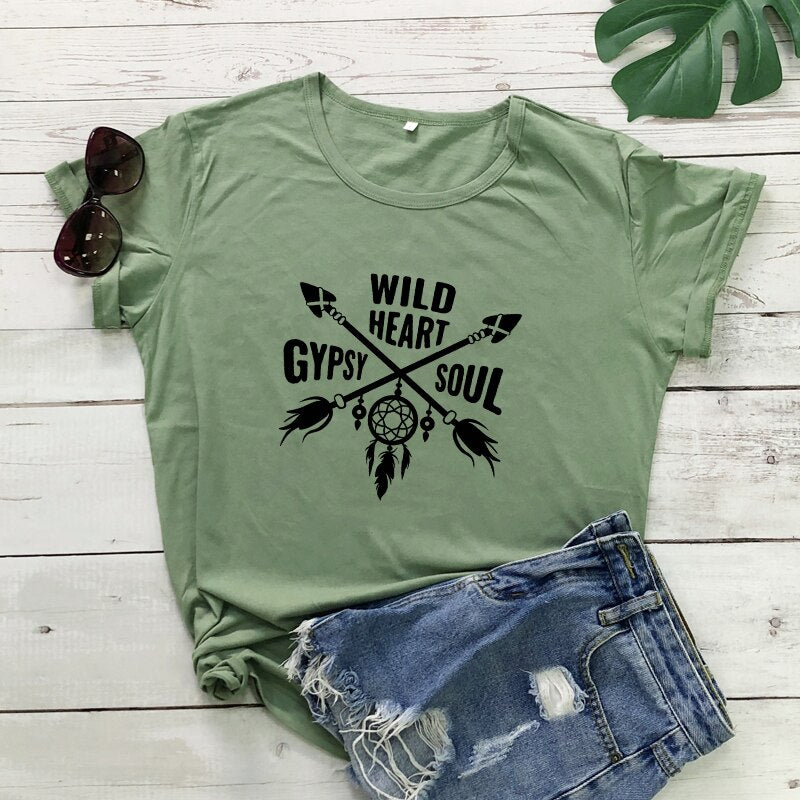 Women's Boho WILD HEART GYPSY SOUL Arrow Dreamcatcher Graphic Print T-Shirt - High-Quality Fabric Blend - Boho Aesthetic