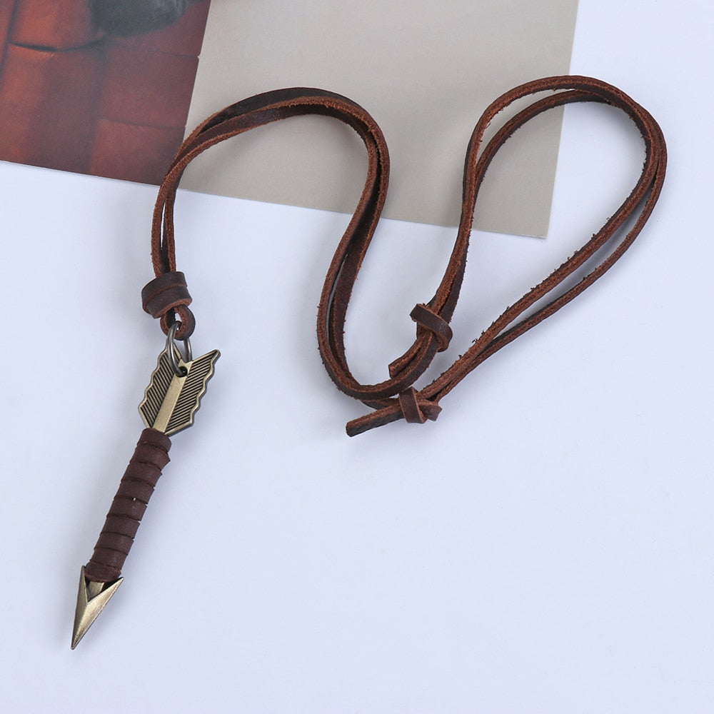 Handmade Vintage Leather Arrow Pendant Necklace - Stylish Unisex Jewelry with Rope Chain