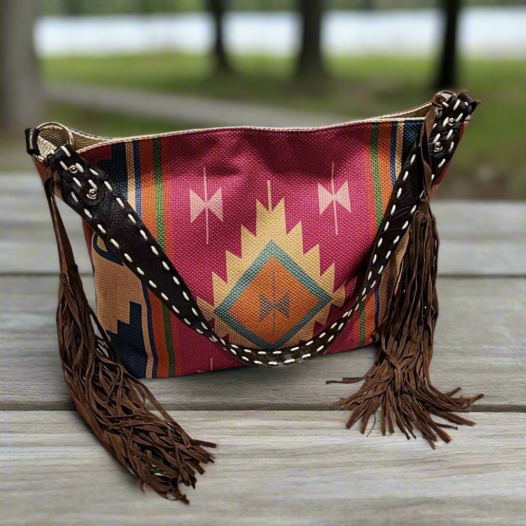 Geometric Pattern Canvas Crossbody Shoulder Bag with Tassels - Women's Bohemian Style Handbag with Pockets