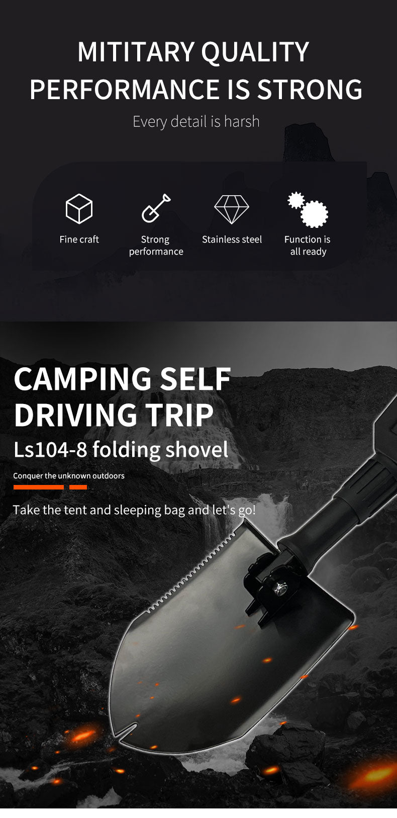 TS104-8 outdoor serrated custom folding shovel 4X4 accessories 4X4 parts 4wd accessories - Ivy & Arrow Supply Co.