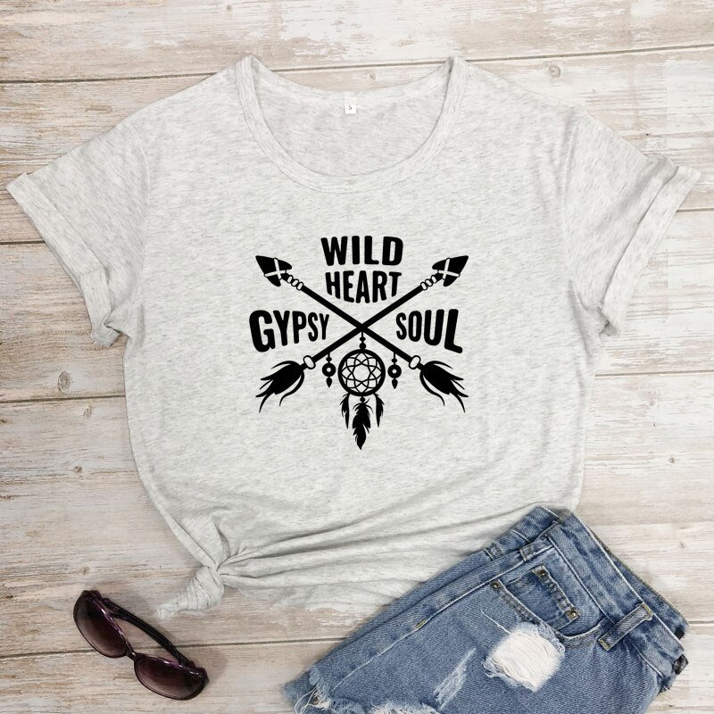 Women's Boho WILD HEART GYPSY SOUL Arrow Dreamcatcher Graphic Print T-Shirt - High-Quality Fabric Blend - Boho Aesthetic