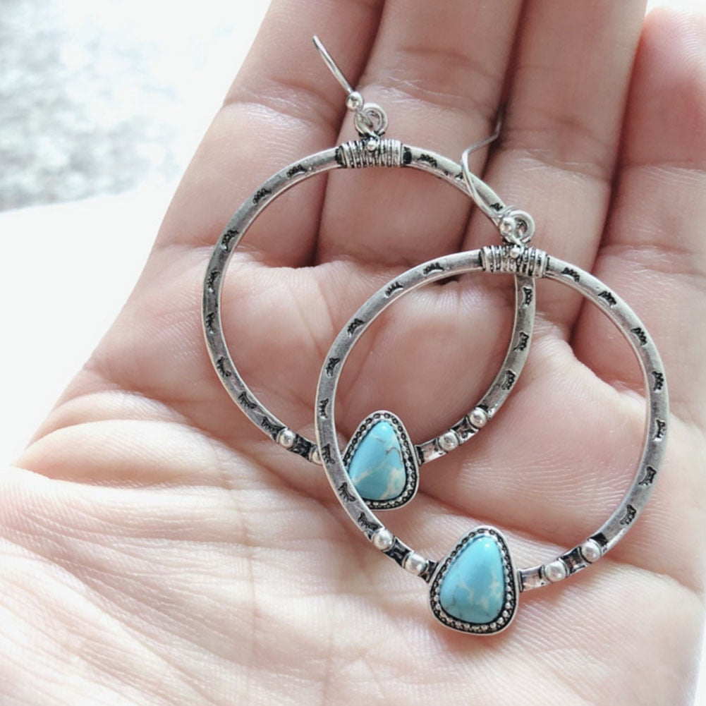 Bohemian Vintage Long Drop Turquoise Stone Earrings in Silver Alloy