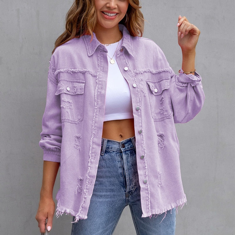 Women's Lightweight Loose Fit Denim Jacket with Turn-Down Collar and Tassels