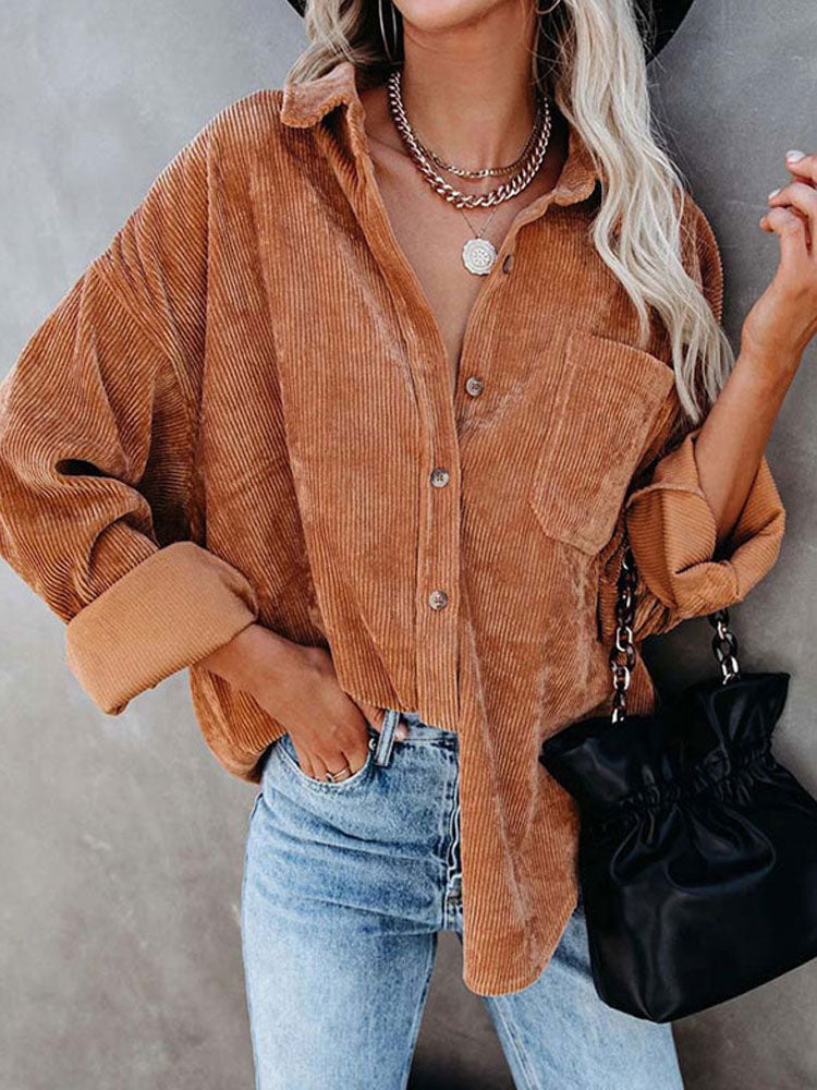 Women's Corduroy Shacket Jacket with Pocket - Long Sleeve Oversized Shirt