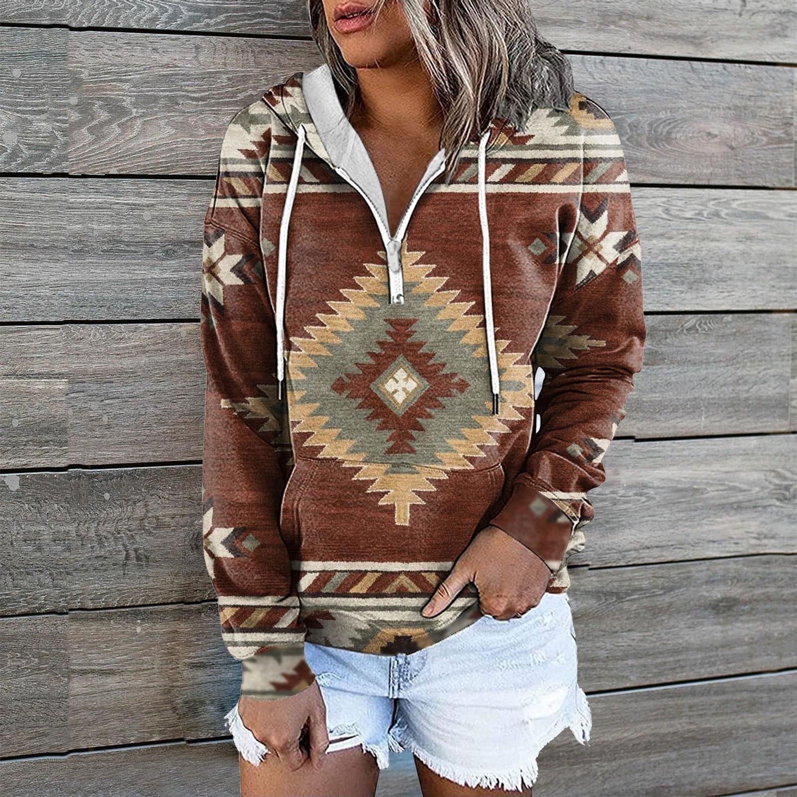 Women's Retro Aztec Geometric Print Sweatshirt Hoodie with Zip Front Closure