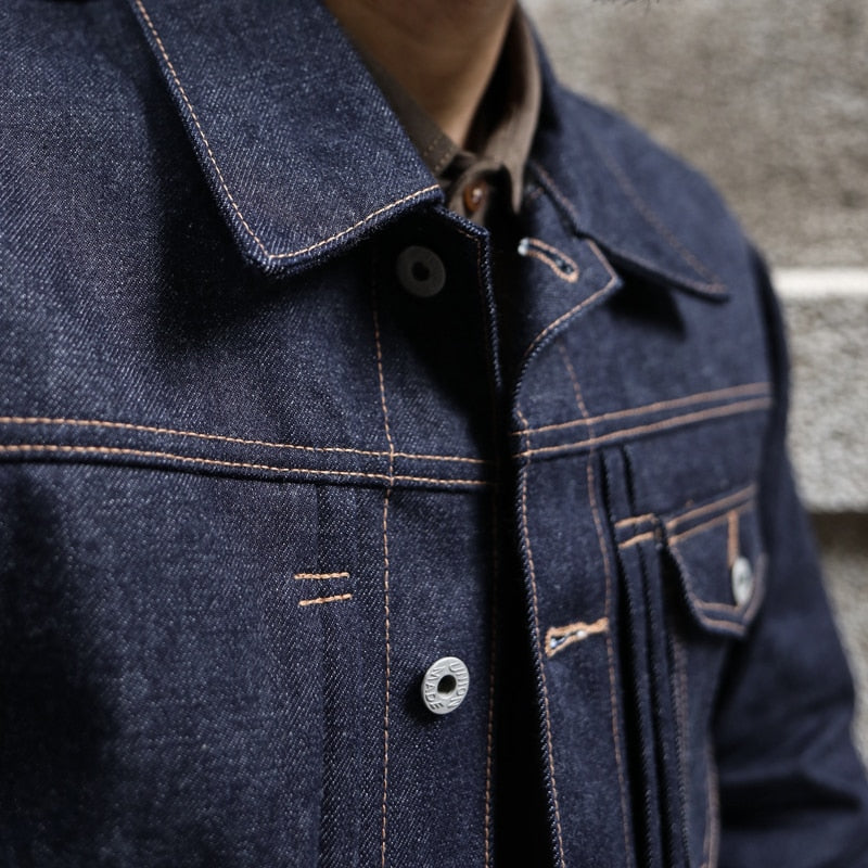 Men's Lightweight 18oz Selvedge Denim Jacket with Pocket - Breathable & Durable Casual Outerwear