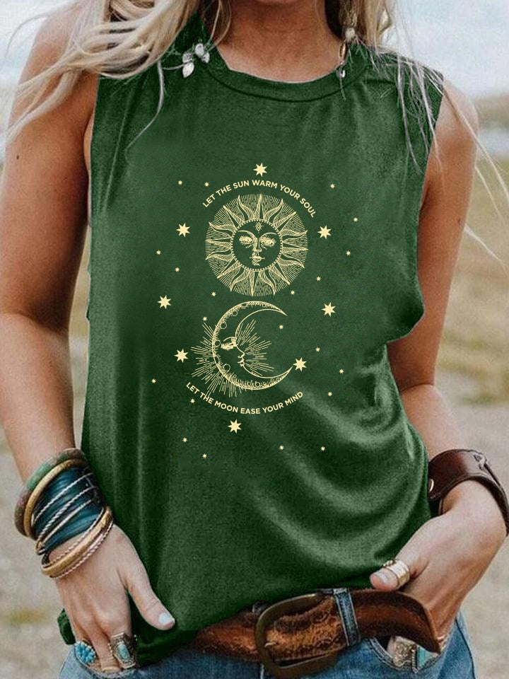 Vintage Sun and Moon Graphic Tank Top - Comfortable Sleeveless Shirt with Modern Letter Design and Breathable Cotton Blend Fabric