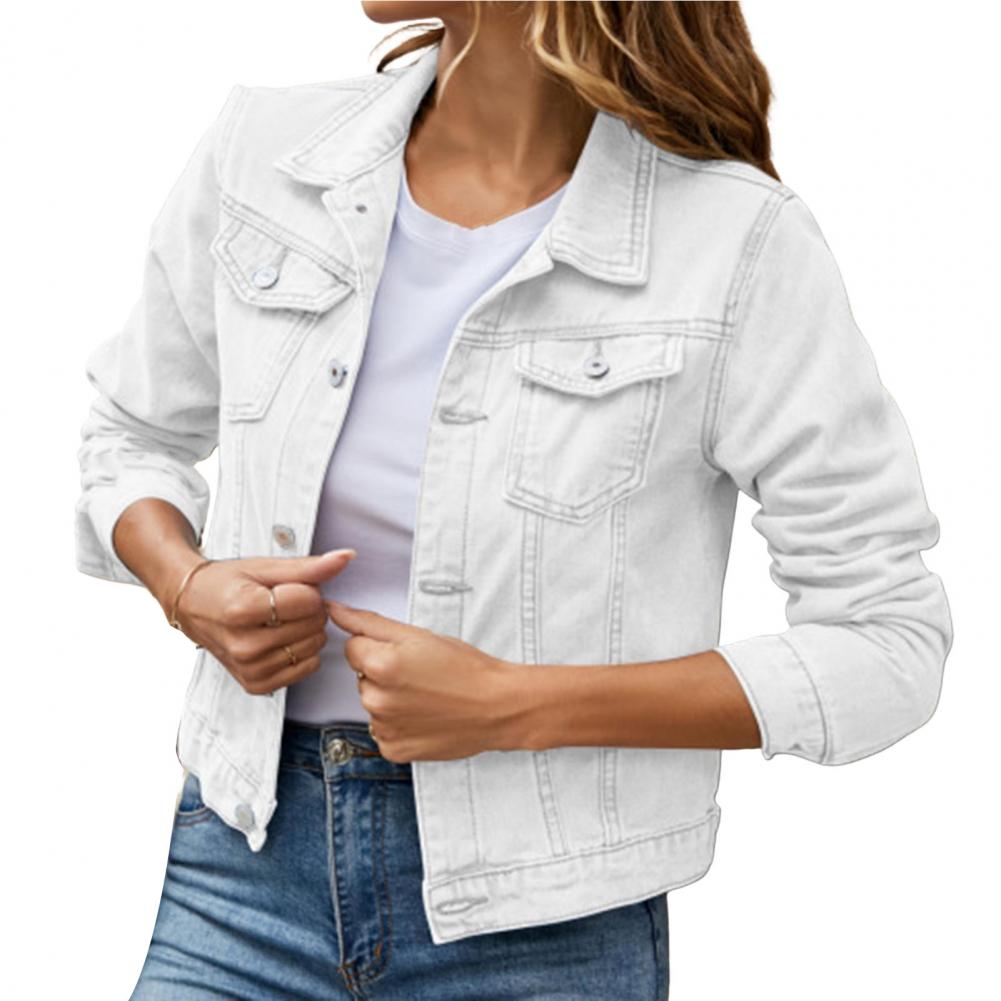 Women's Button-Up Denim Jacket with Turn-Down Collar Lapel Flap Pockets Slim Fit - Stylish and Durable