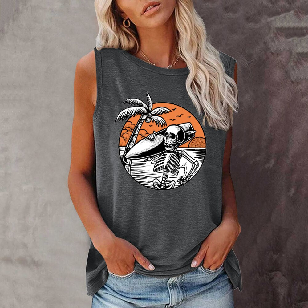 Women's 90s Inspired Surfer Skeleton Graphic Print Sleeveless Tank Top - Lightweight and Stylish for Summer