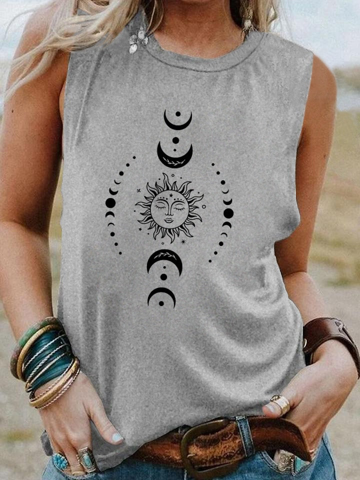 Women's Celestial Sun Moon Graphic Print Sleeveless Tank Top - Stylish and Unique Addition to Your Wardrobe